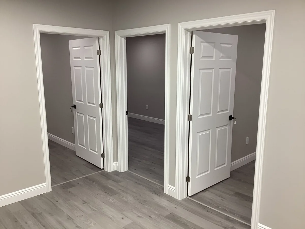 Finished basement interior with white six-panel doors, trim and vinyl plank flooring