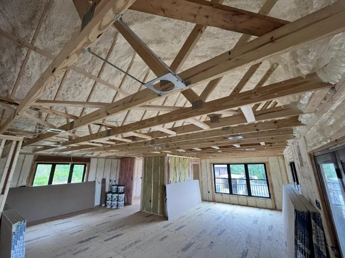 Vaulted ceiling framing with spray foam insulation