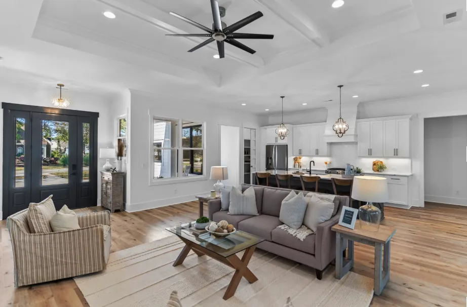 Finished open-concept living room and kitchen interior